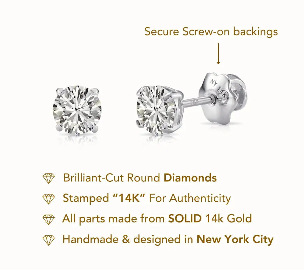 14K White Gold round Brilliant-Cut Lab Diamond Stud Earrings, Screwback