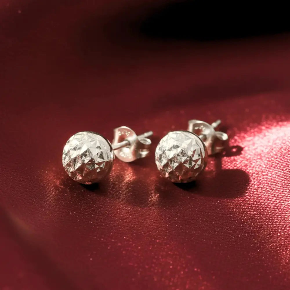 14K White Gold Sparkle Ball Stud Earrings, Hand Engraved Diamond-Cuts