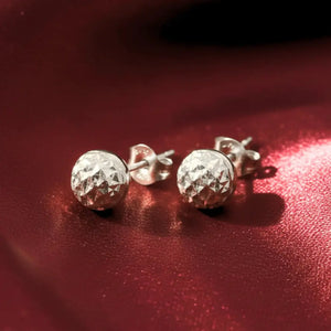 14K White Gold Sparkle Ball Stud Earrings, Hand Engraved Diamond-Cuts