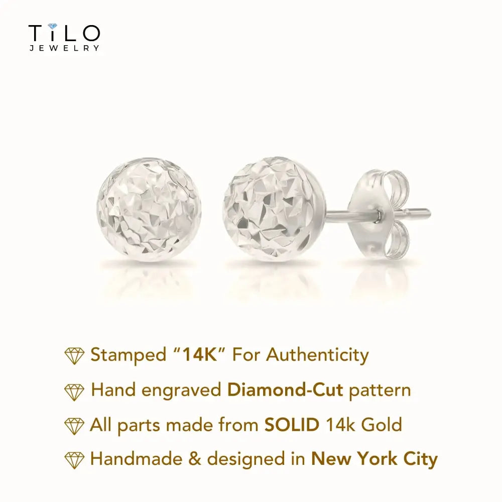 14K White Gold Sparkle Ball Stud Earrings, Hand Engraved Diamond-Cuts
