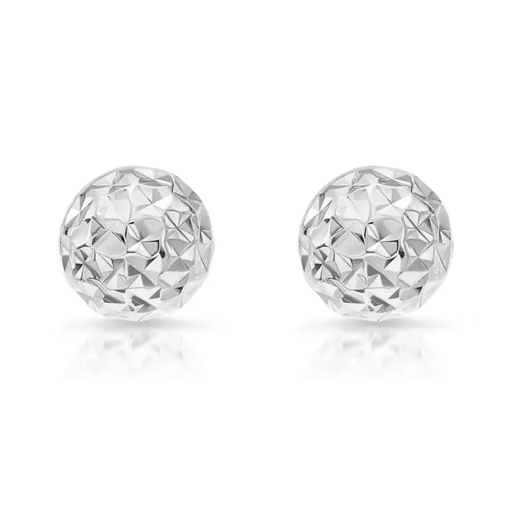 14K White Gold Sparkle Ball Stud Earrings, Hand Engraved Diamond-Cuts