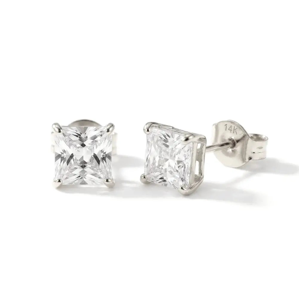 14K White Gold Square Zirconia Stud Earrings with Butterfly Pushbacks, Unisex Design, Princess Cut Studs