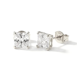 14K White Gold Square Zirconia Stud Earrings with Butterfly Pushbacks, Unisex Design, Princess Cut Studs