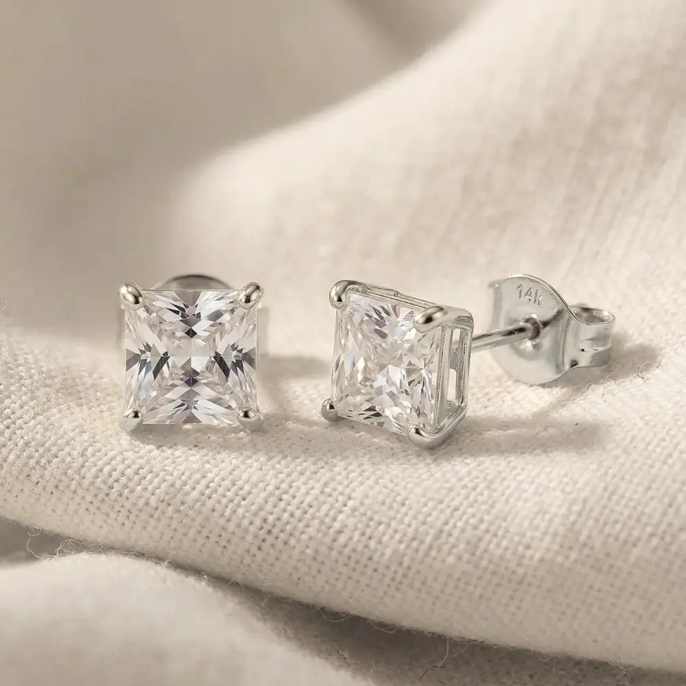14K White Gold Square Zirconia Stud Earrings with Butterfly Pushbacks, Unisex Design, Princess Cut Studs