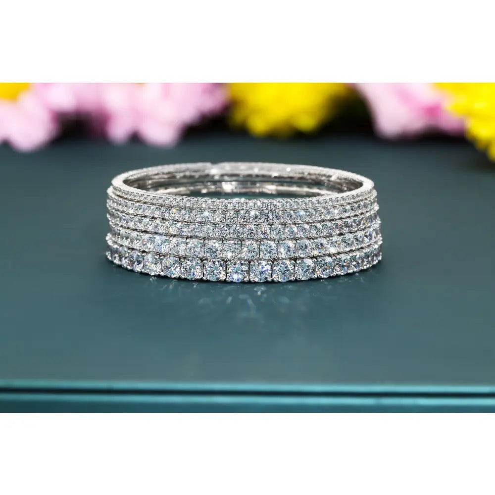 14K White Gold Tennis Bangle Bracelet, with Simulated Diamonds, 7In