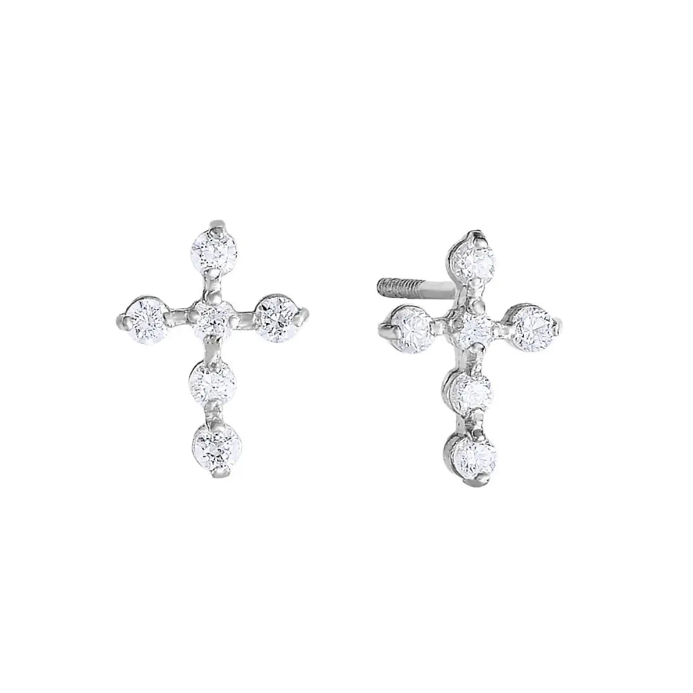 14K White Gold Tiny Cute Cross Stud Earrings
