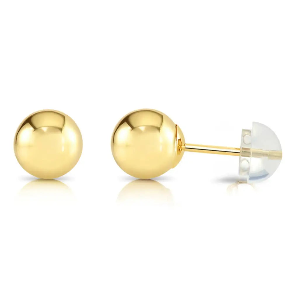 14K Yellow Gold Ball Stud Earrings, Silicone Covered Gold Push Backings (Unisex)