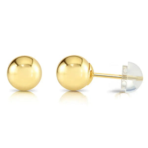 14K Yellow Gold Ball Stud Earrings, Silicone Covered Gold Push Backings (Unisex)