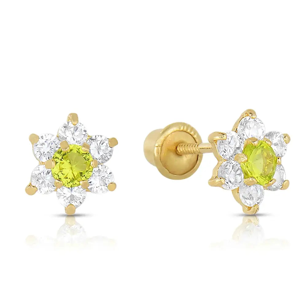 14K Yellow Gold Birthstone Halo Flower Stud Earrings, Available in 12 Colors