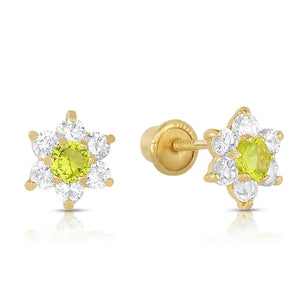 14K Yellow Gold Birthstone Halo Flower Stud Earrings, Available in 12 Colors