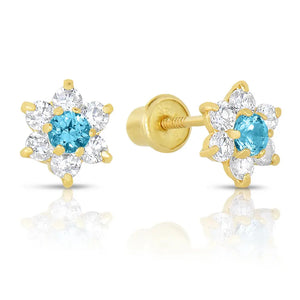 14K Yellow Gold Birthstone Halo Flower Stud Earrings, Available in 12 Colors