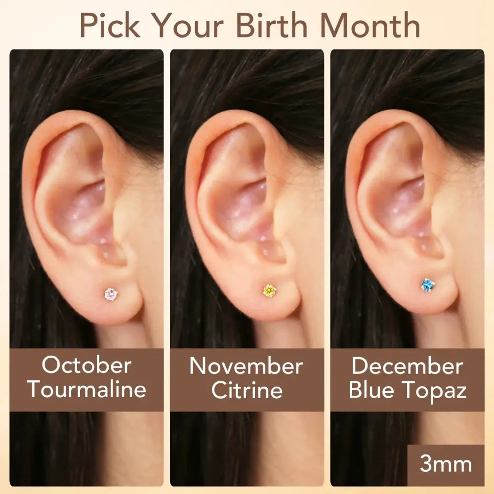 14K Yellow Gold Birthstone Solitaire Stud Earrings, 3Mm, Available in 12 Colors