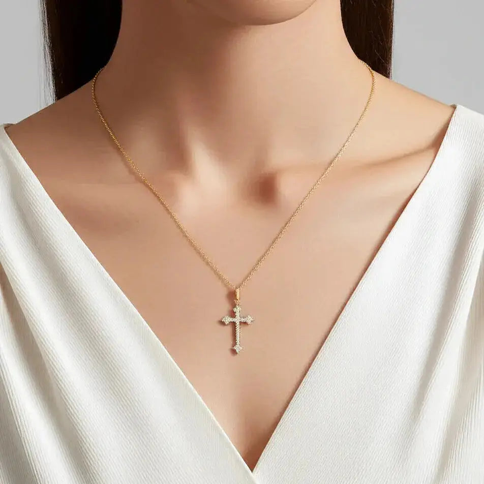 14K Yellow Gold CZ Cross Pendant Necklace
