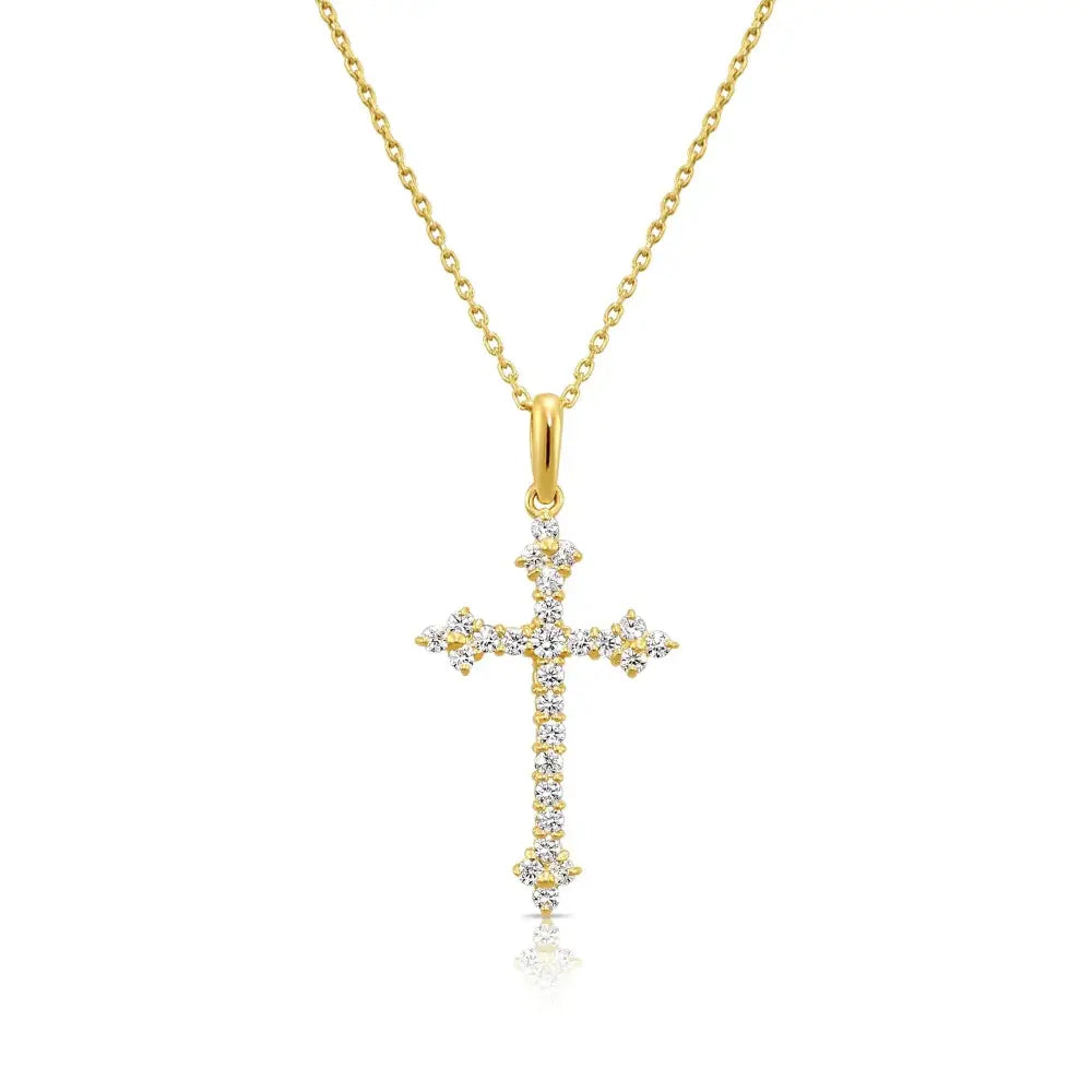 14K Yellow Gold CZ Cross Pendant Necklace
