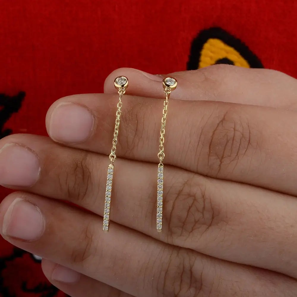 14K Yellow Gold Diamond Bar Drop Earrings: Minimalist Fine Jewelry