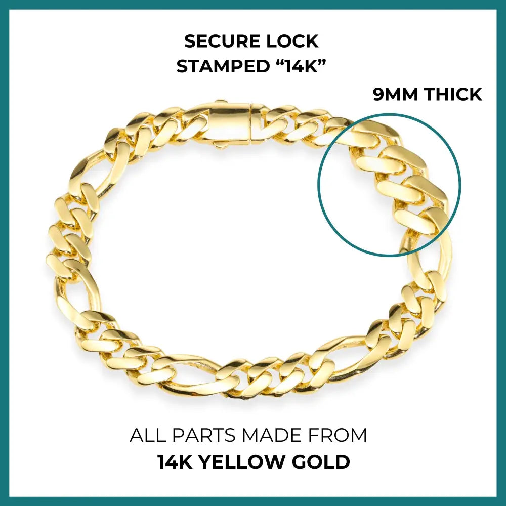 14K Yellow Gold Figaro Link Chain Bracelet, Sizes 7.25In-8.25In