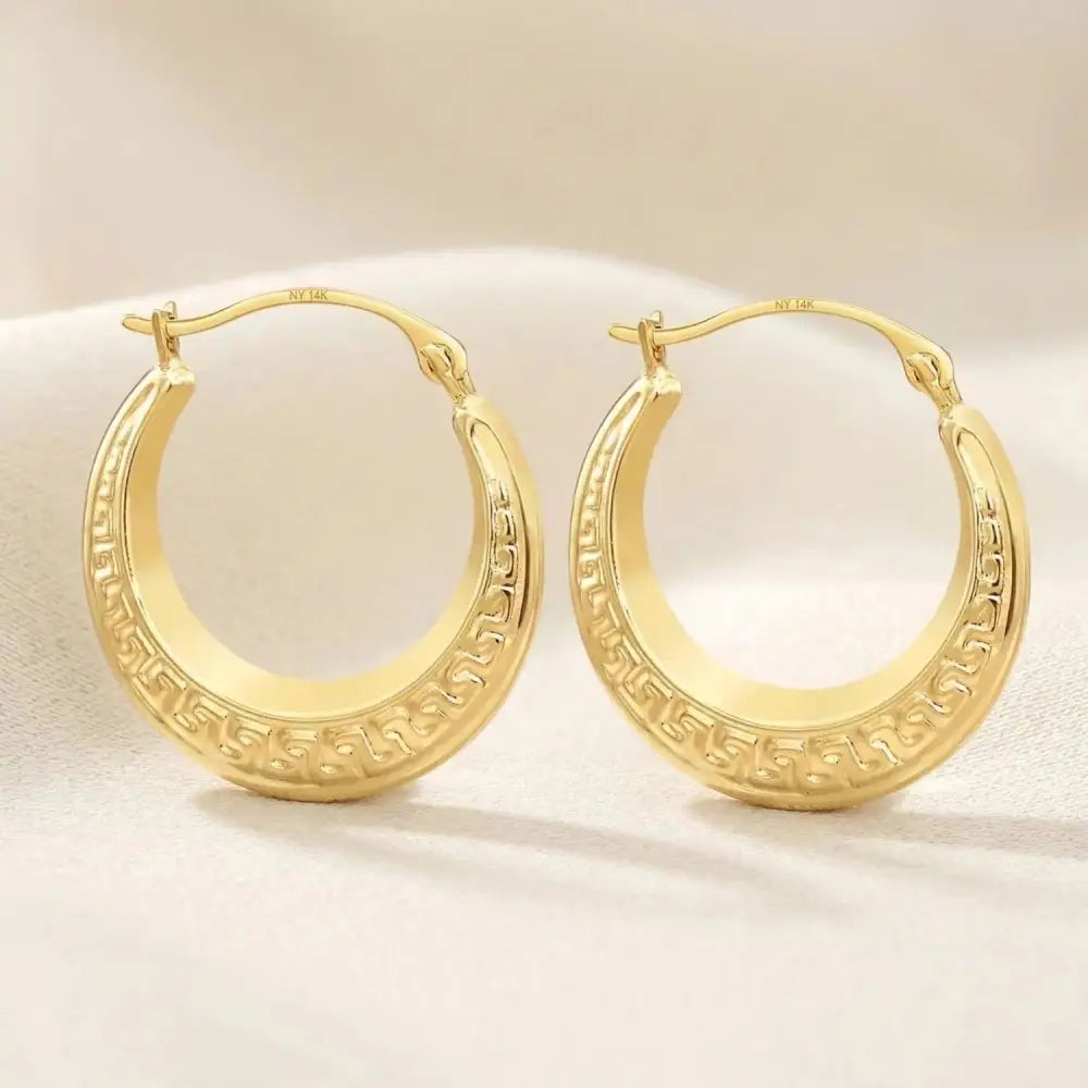 14K Yellow Gold Greek Key Curved round Creole Hoops Earrings, Secure Latch-Back Designer Hoops, by TILO Jewelry
