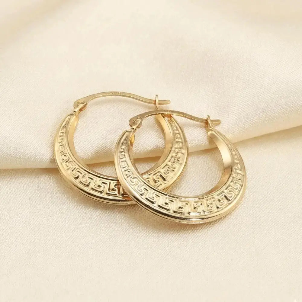 14K Yellow Gold Greek Key Curved round Creole Hoops Earrings, Secure Latch-Back Designer Hoops, by TILO Jewelry