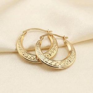 14K Yellow Gold Greek Key Curved round Creole Hoops Earrings, Secure Latch-Back Designer Hoops, by TILO Jewelry
