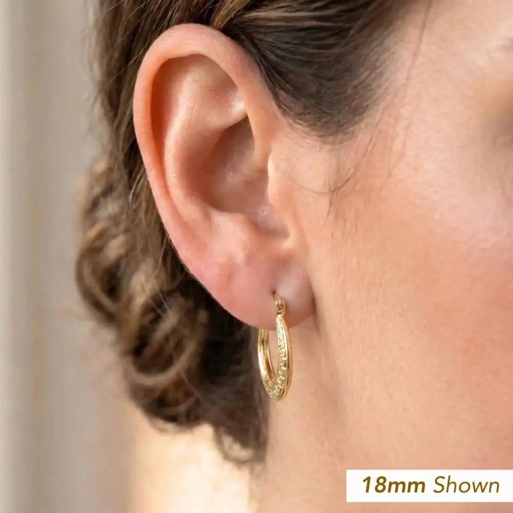 14K Yellow Gold Greek Key Curved round Creole Hoops Earrings, Secure Latch-Back Designer Hoops, by TILO Jewelry