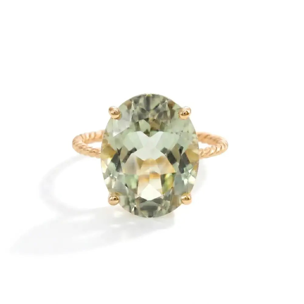 14K Yellow Gold Green Amethyst Oval-Cut Ring – Elegant Green Sparkle for Birthdays and Everyday Luxury.