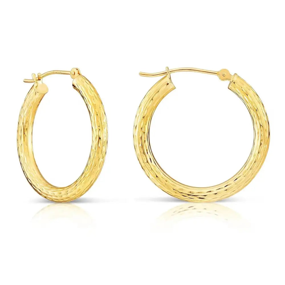 14K Yellow Gold Hand Engraved round Hoop Earrings, Full Diamond-Cut Hoops, Bold & Classy 3Mm, Designed in New York City, by TILO Jewelry