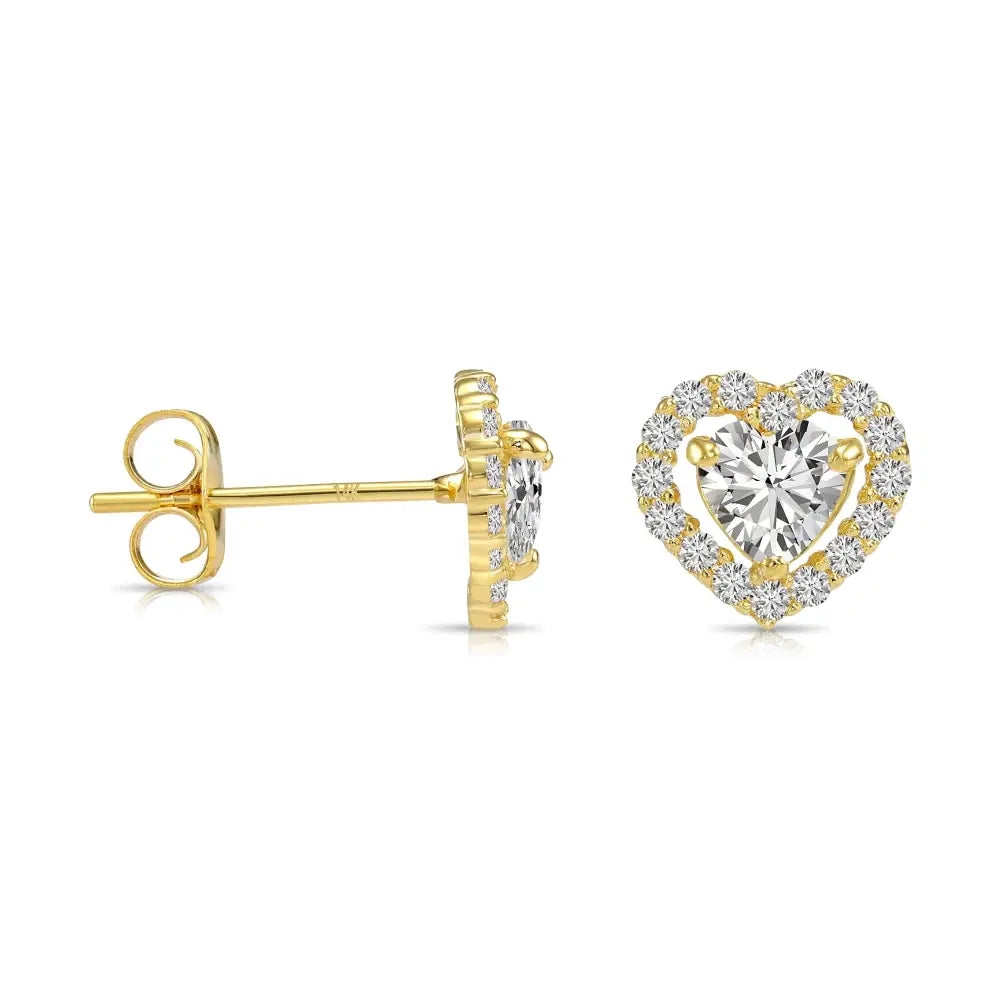 14K Yellow Gold Heart Halo CZ Stud Earrings
