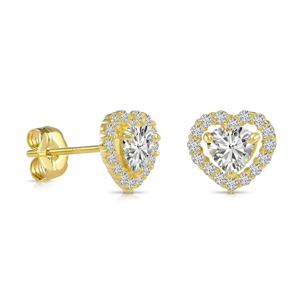 14K Yellow Gold Heart Halo CZ Stud Earrings