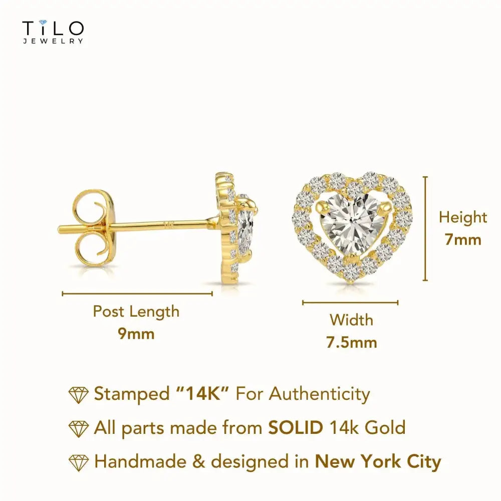 14K Yellow Gold Heart Halo CZ Stud Earrings, with Secure Butterfly Push-Backs, Solid 14K Gold Dainty Heart Studs, by TILO Jewelry