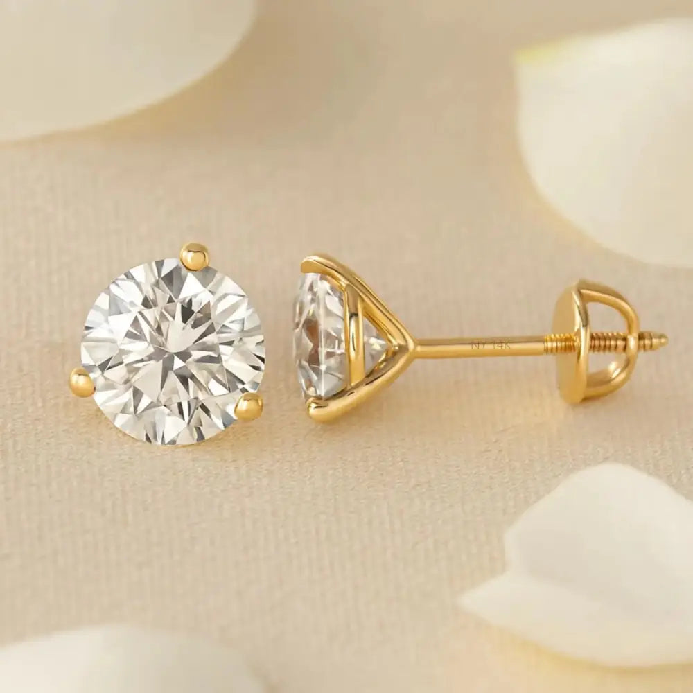 14K Yellow Gold Lab Diamond Stud Earrings, CVD Brilliant-Cut Diamond Studs, Martini 3-Prong Set Studs, with Secure Screwbacks, by TILO