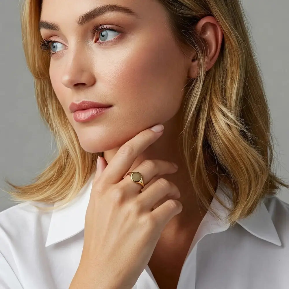 14K Yellow Gold Large Round Signet Ring - Personalized Luxury Gift for Her, Perfect for Birthdays and Everyday Elegance.