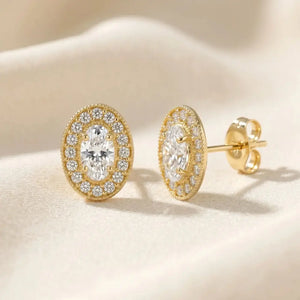 14K Yellow Gold Oval CZ Halo Stud Earrings