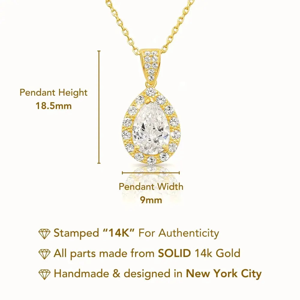 14K Yellow Gold Pear Pendant Necklace, Teardrop Halo CZ Pendant