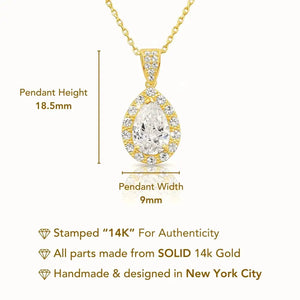 14K Yellow Gold Pear Pendant Necklace, Teardrop Halo CZ Pendant