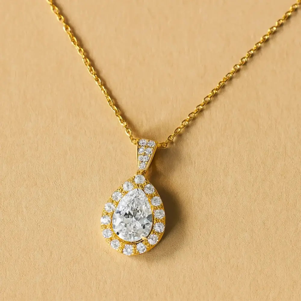 14K Yellow Gold Pear Pendant Necklace, Teardrop Halo CZ Pendant