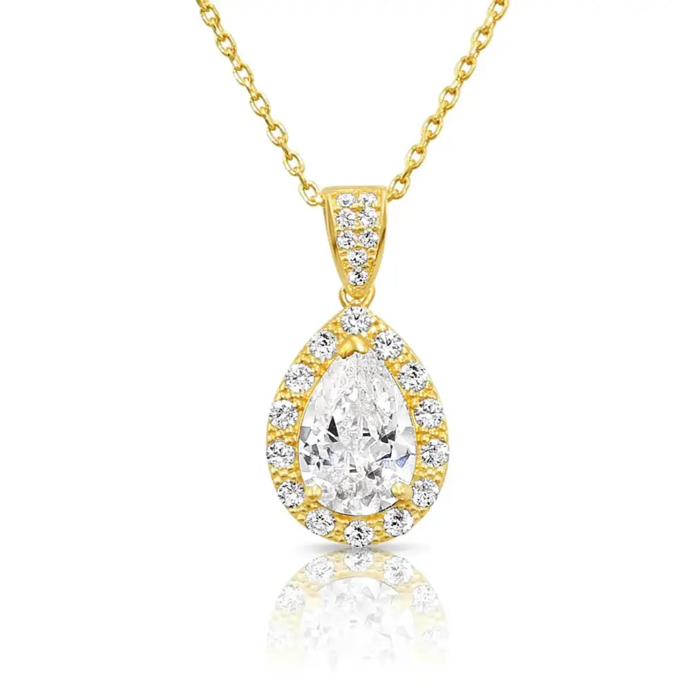 14K Yellow Gold Pear Pendant Necklace, Teardrop Halo CZ Pendant