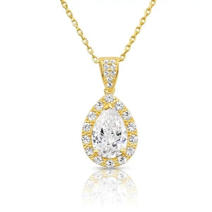 14K Yellow Gold Pear Pendant Necklace, Teardrop Halo CZ Pendant