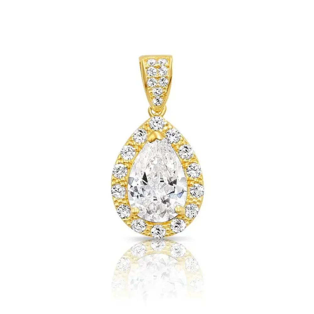 14K Yellow Gold Pear Pendant Necklace, Teardrop Halo CZ Pendant