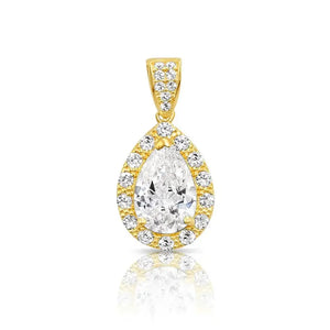 14K Yellow Gold Pear Pendant Necklace, Teardrop Halo CZ Pendant