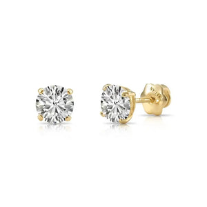 14K Yellow Gold round Simulated Diamond Stud Earrings, Brilliant CZ Studs, Basket Set, Classic Screwback Studs, Unisex, by TILO Jewelry