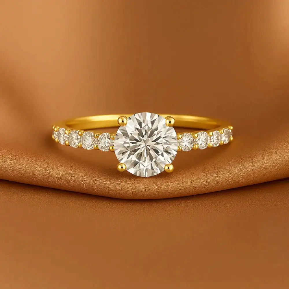 14K Yellow Gold Solitaire round Brilliant 1 Carat Engagement Ring with Side Stones