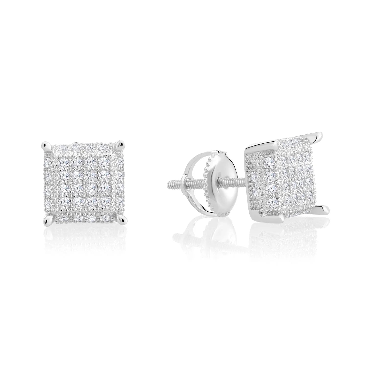CZ Square Screw-Back Stud Earrings, Unisex in Sterling Silver