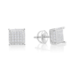 CZ Square Screw-Back Stud Earrings, Unisex in Sterling Silver