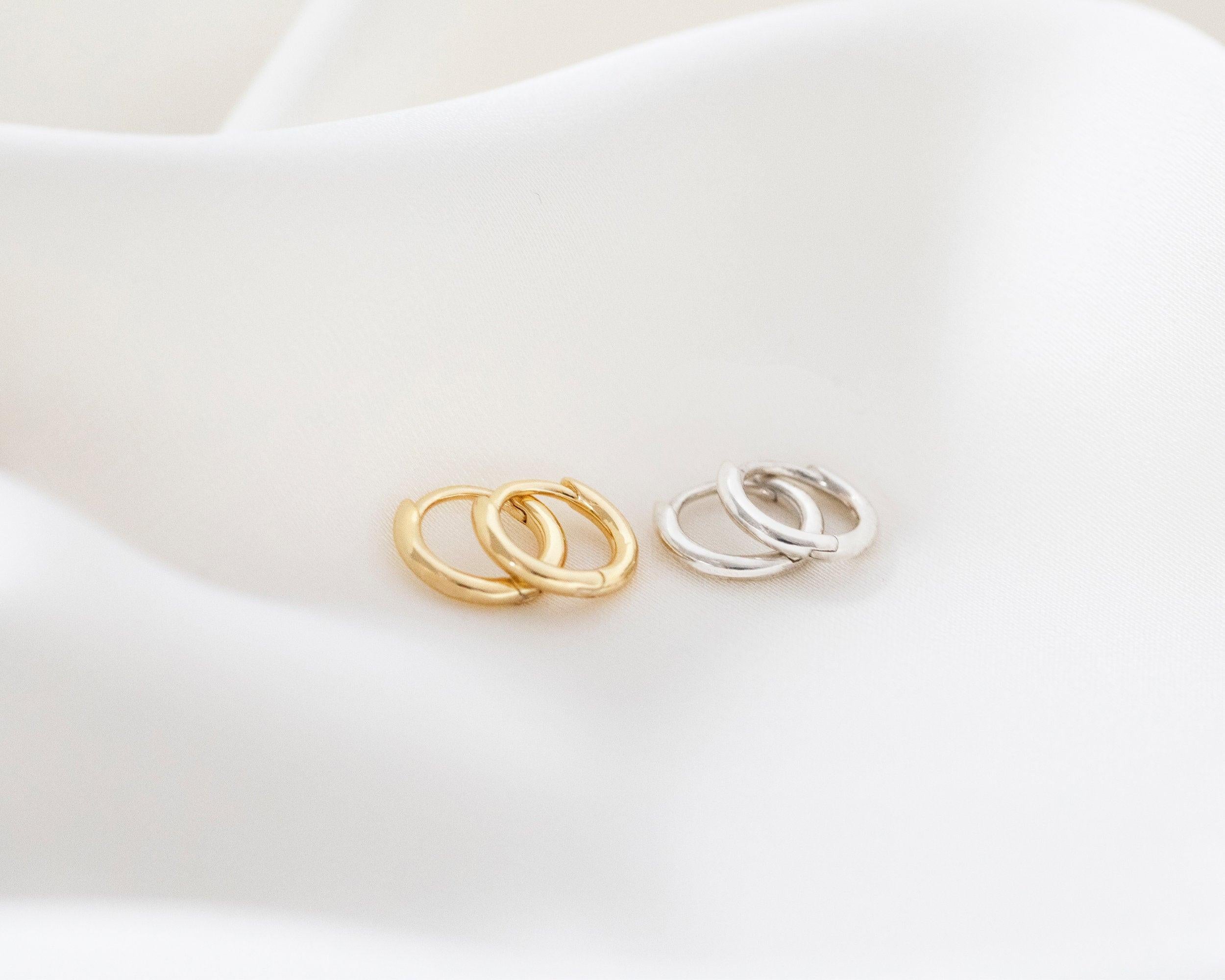 Dainty Sterling Silver and Gold Minimalist Cartilage Huggie Hoop Earrings Set.