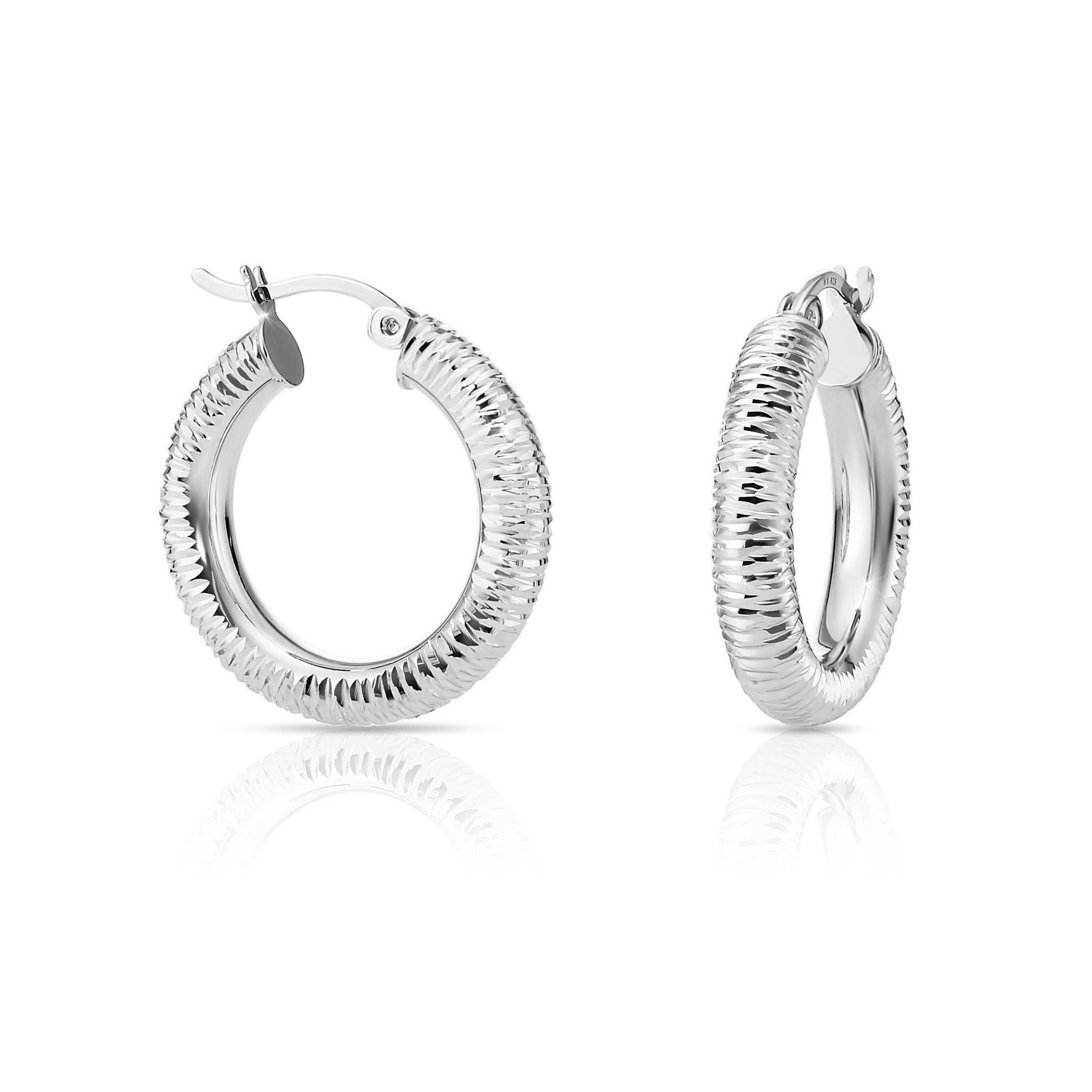 Stunning Handmade 925 Sterling Silver Diamond Cut Hoop Earrings - Medium Size.