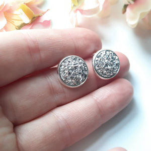 Silver Glitter Clip on Stud Earrings. Stainless Steel 12Mm Studs