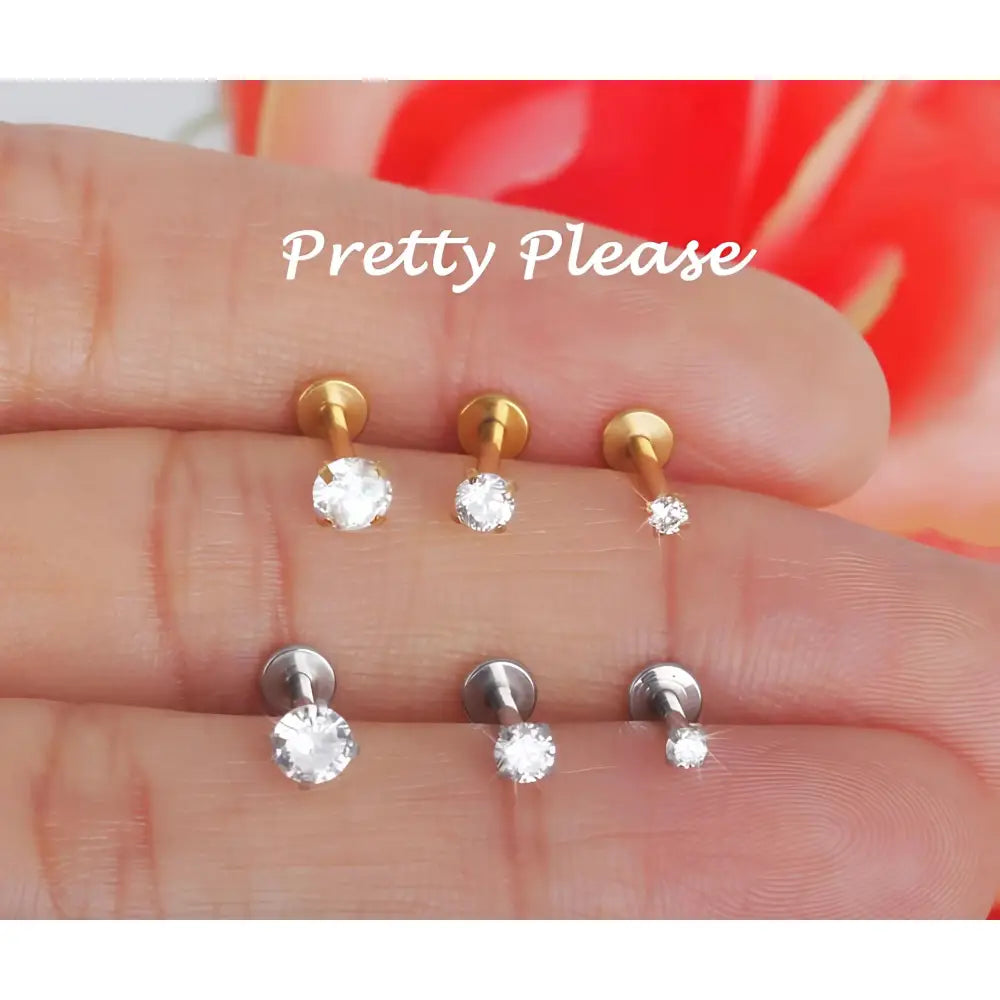 16G Tragus Stud, Flatback Earrings for Tragus Piercing, Helix Stud, Labret Stud Earrings, Conch Cartilage, Internally Threaded, CZ Dainty