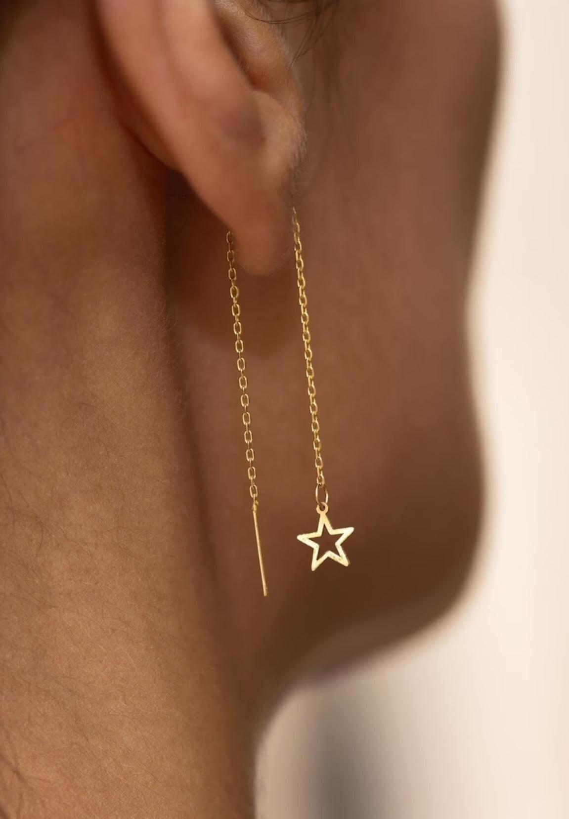 Dainty 14K Solid Gold Star Threader Earrings – Elegant Long Chain Sparkle for Any Occasion.