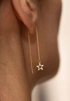 Dainty 14K Solid Gold Star Threader Earrings – Elegant Long Chain Sparkle for Any Occasion.