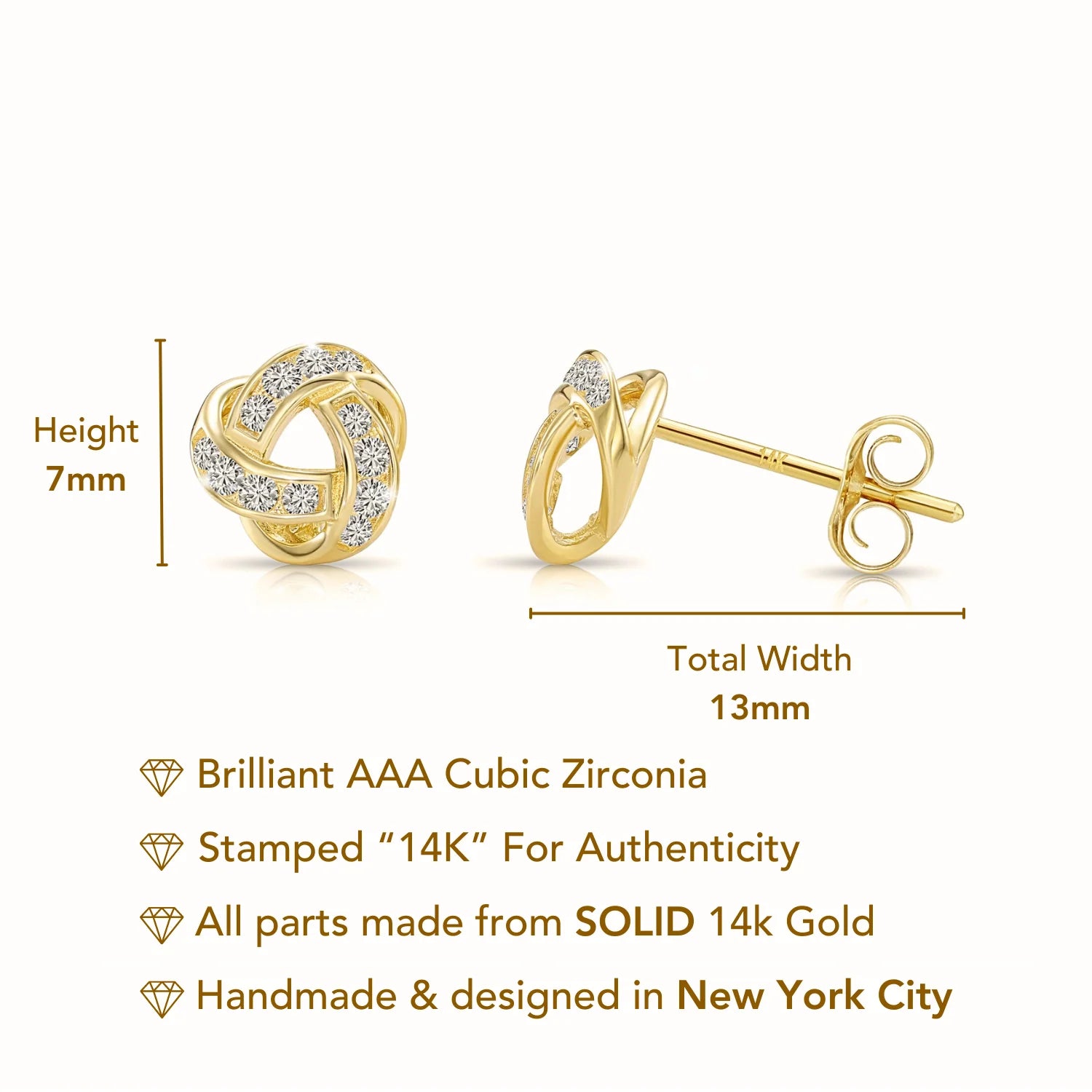 Solid 14K Gold Brilliant CZ Love Knot Twist Studs, 7Mm, with Pushbacks